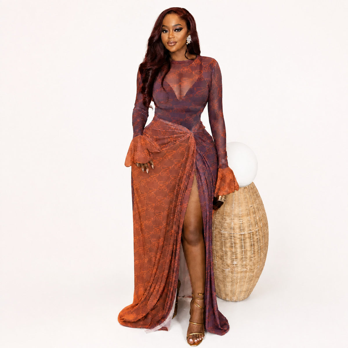 Women's Long Sleeve Wrap Maxi Dress with Front Slit