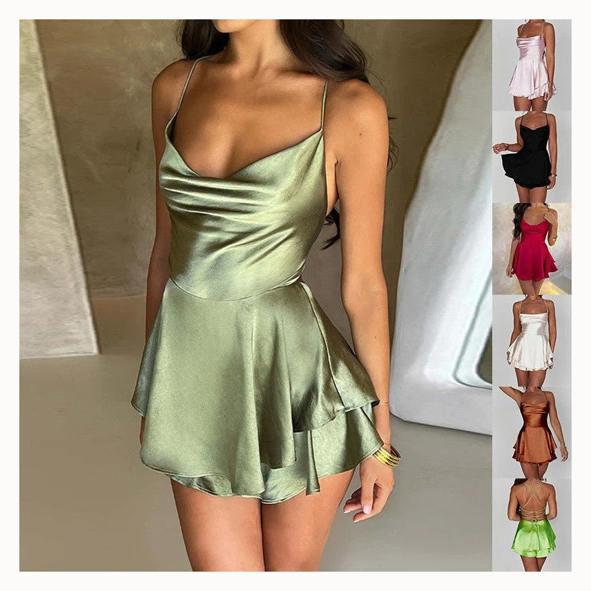 Women's Cowl Neck Backless A Line Mini Dress with Crisscross Straps