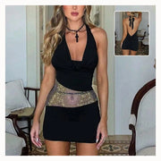Women's Halter Mini Dress with Plunging Neckline and Open Back