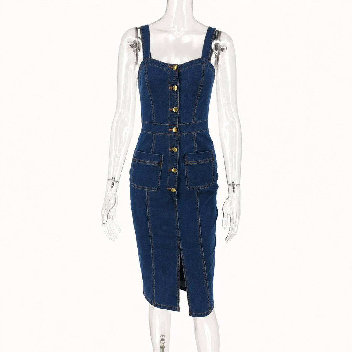 Women's Button Front Fitted Midi Dress with Patch Pockets