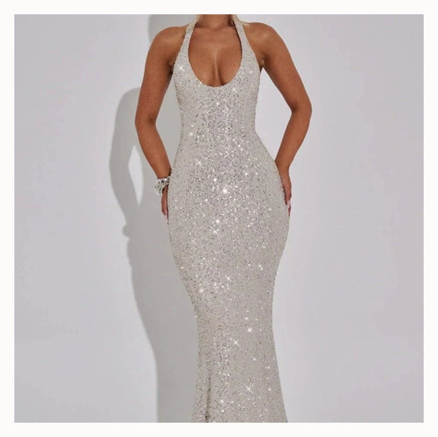 Women's Sleeveless Halter Neck Sequin Mermaid Gown