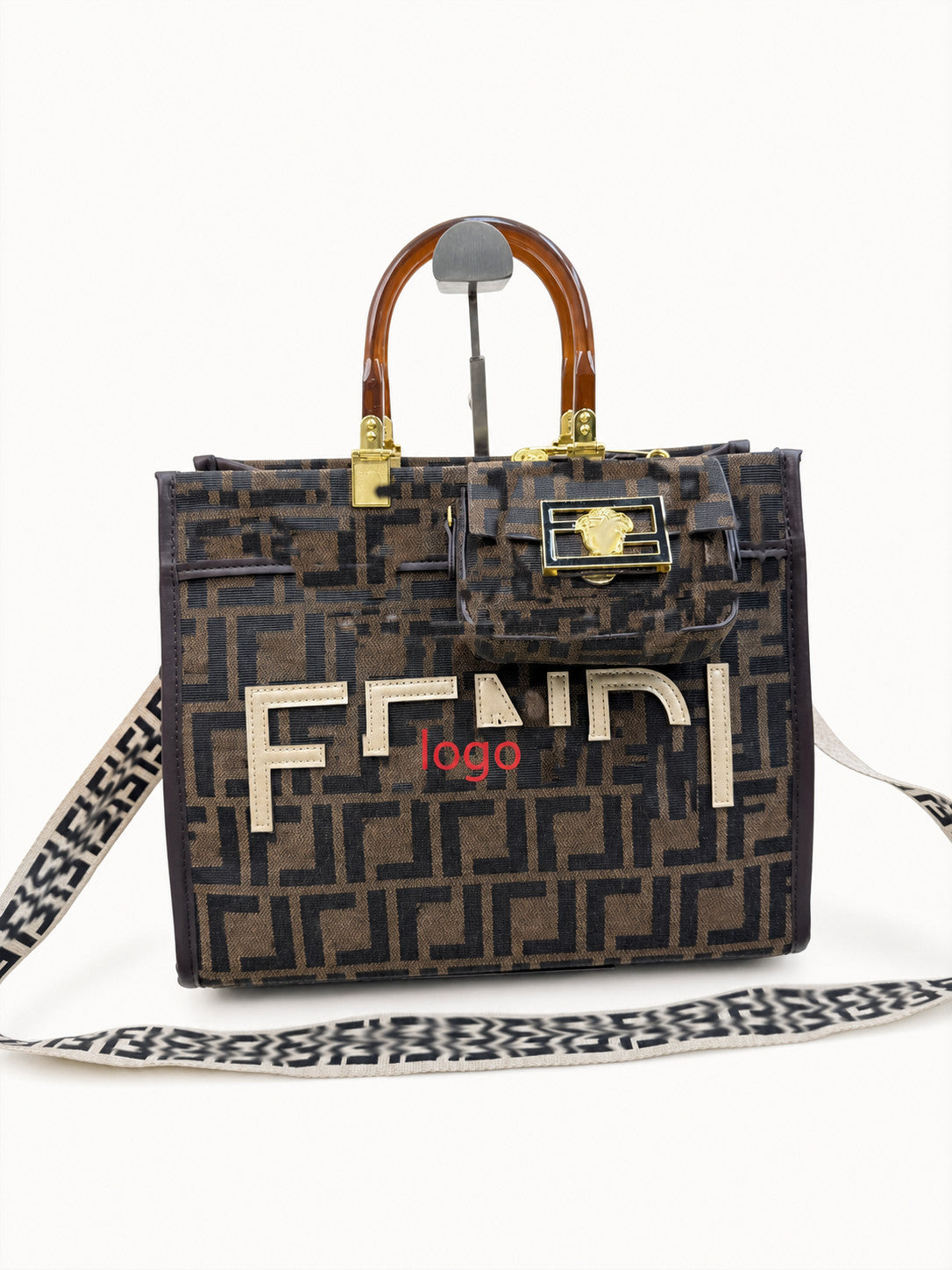 Structured Geometric Tote with Top Handles and Shoulder Strap