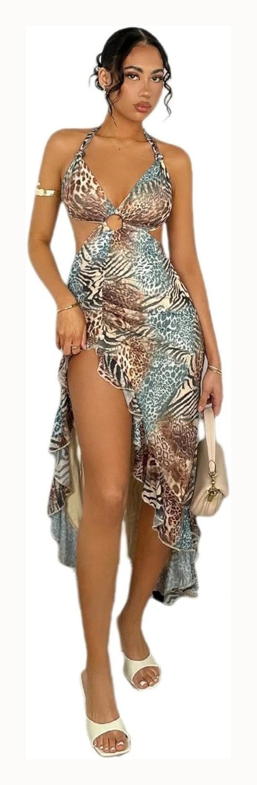 Floral Cheetah Print Halter Cut Out Dress with Asymmetrical Hem and High Slit - Sexy Mesh Ruffle Style for Women