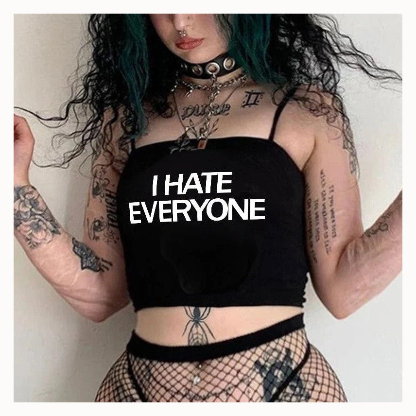 Aesthetic Goth "I HATE EVERYONE" Y2K Crop Top - Trendy Women's Short Sleeve Streetwear Tee