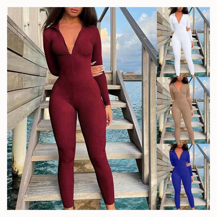 Women's Ribbed Long Sleeve Zip Front Jumpsuit