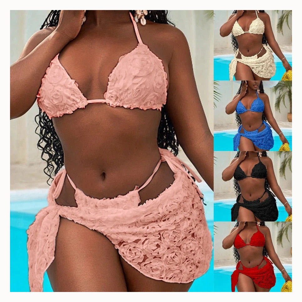 Women's Textured Triangle Bikini Set with Tie Wrap Skirt
