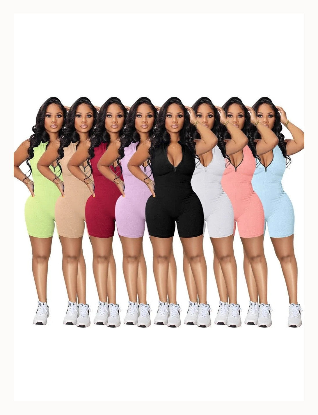 Women's Ribbed Sleeveless Zip Front Romper