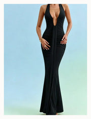 Women's Halter Maxi Dress with Plunging Neckline and Ruched Waist