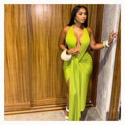 Women's Plunging Halter Ruched Maxi Dress