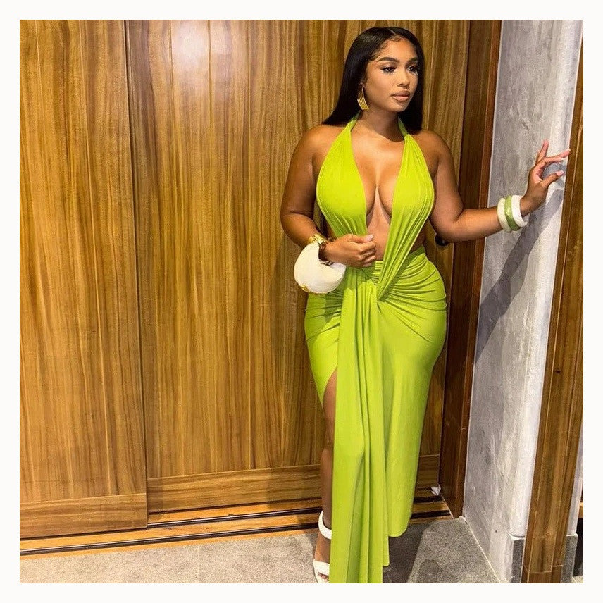 Women's Plunging Halter Ruched Maxi Dress