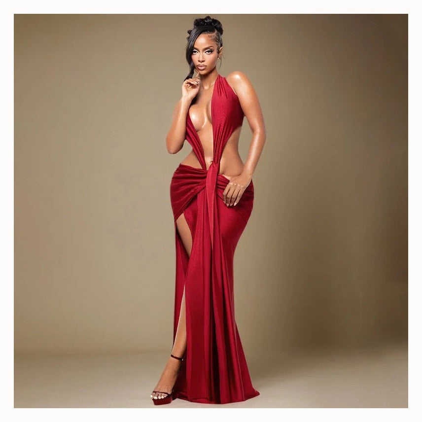 Deep V Halter Maxi Dress with Front Knot and Side Slit