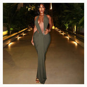 Halter Maxi Dress with Deep V Cutout and Ruched Draping