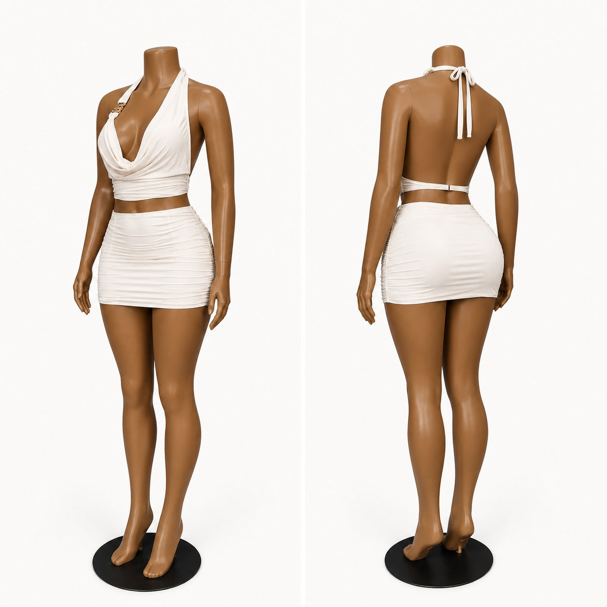 Halter Cowl Neck Crop Top and Ruched Mini Skirt Set