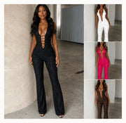 Women's Sleeveless Halter Jumpsuit with Front Lace Up Detail