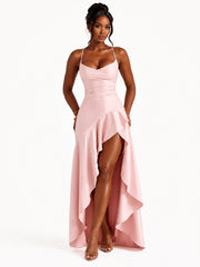 Ruched Spaghetti Strap Backless Maxi Dress with High Low Ruffle Hem