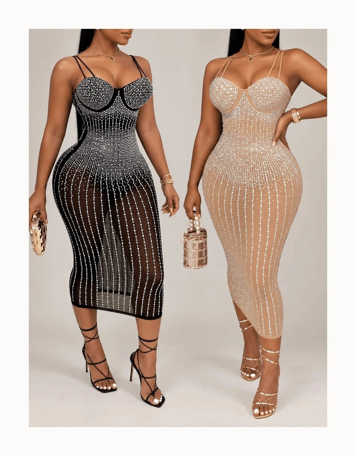 Women's Rhinestone Sweetheart Neck Double Strap Midi Dress