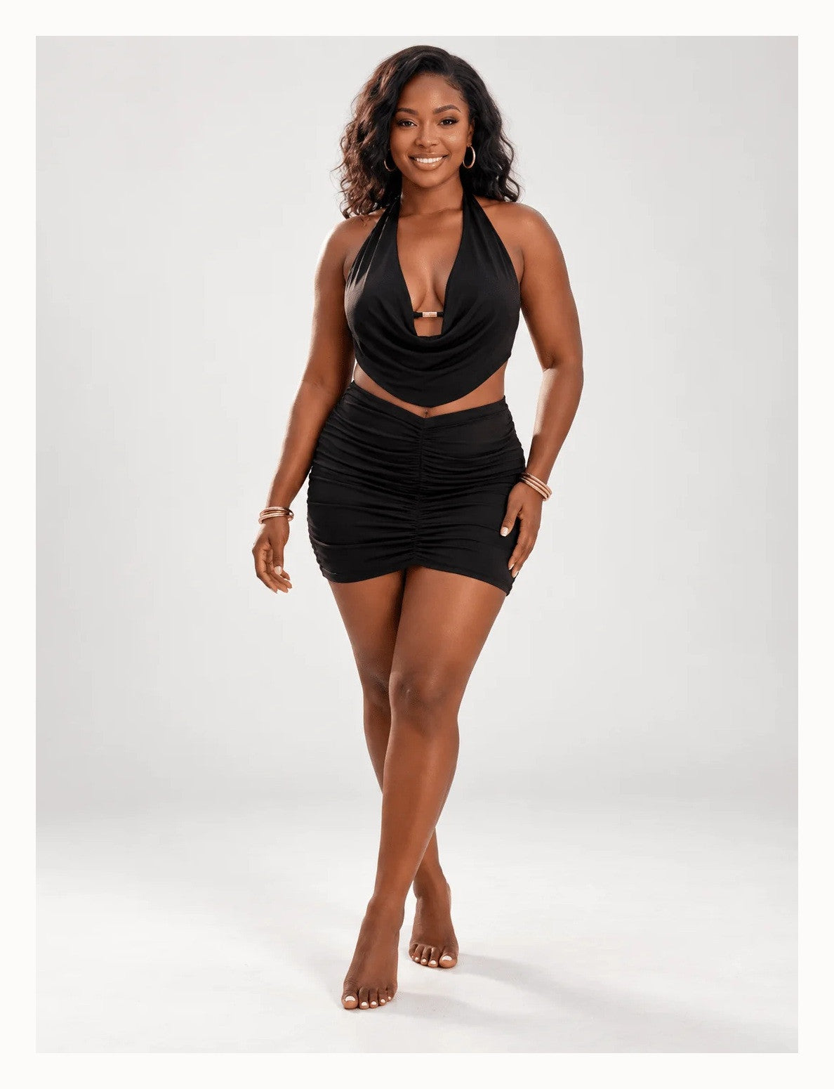 Women's Draped Halter Top and Ruched Mini Skirt Two Piece Set
