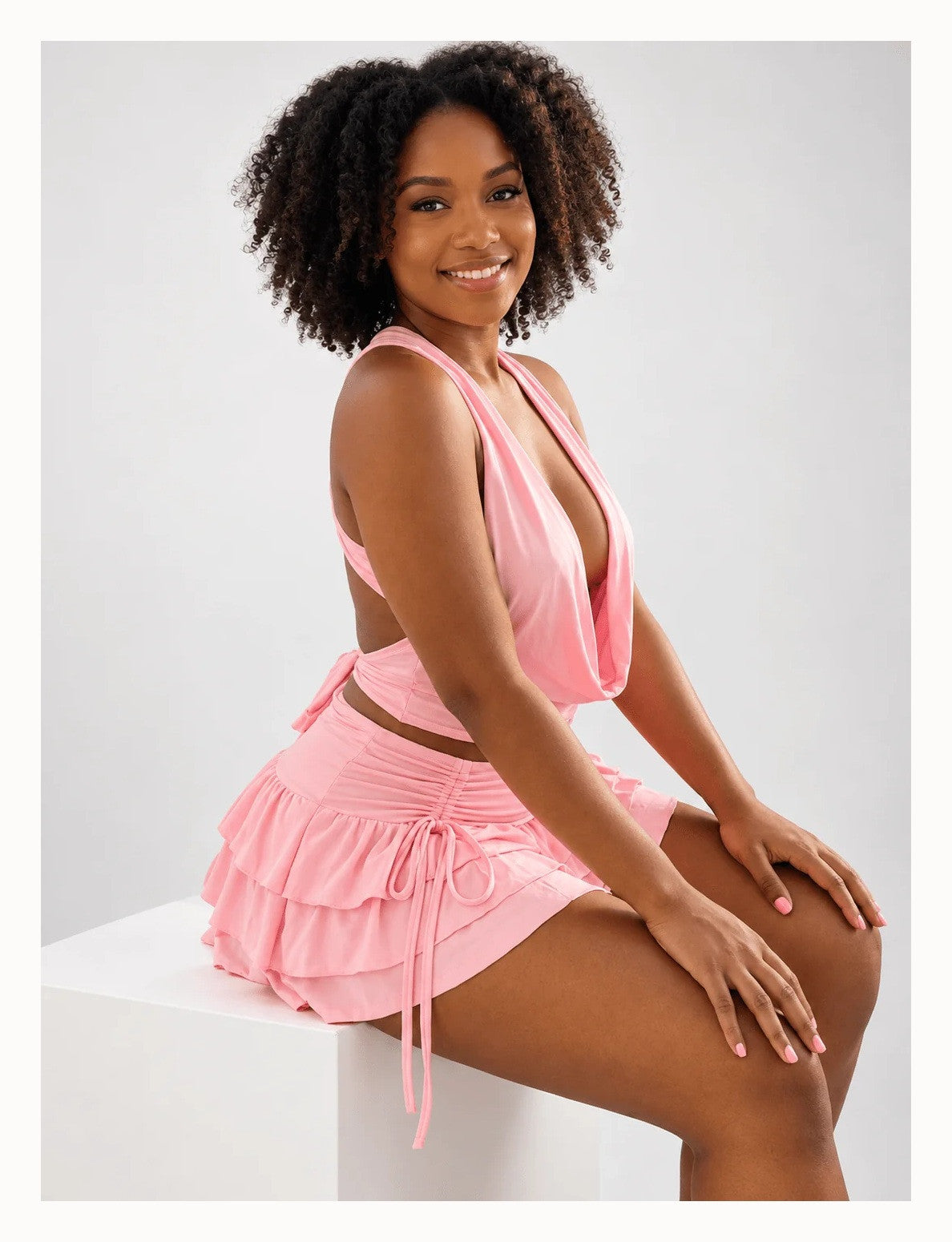 Women's Halter Two Piece Set with Tiered Ruffle Mini Skirt