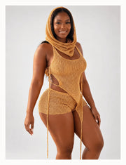 Women's Three Piece Cutout Top, Shorts and Scarf Set