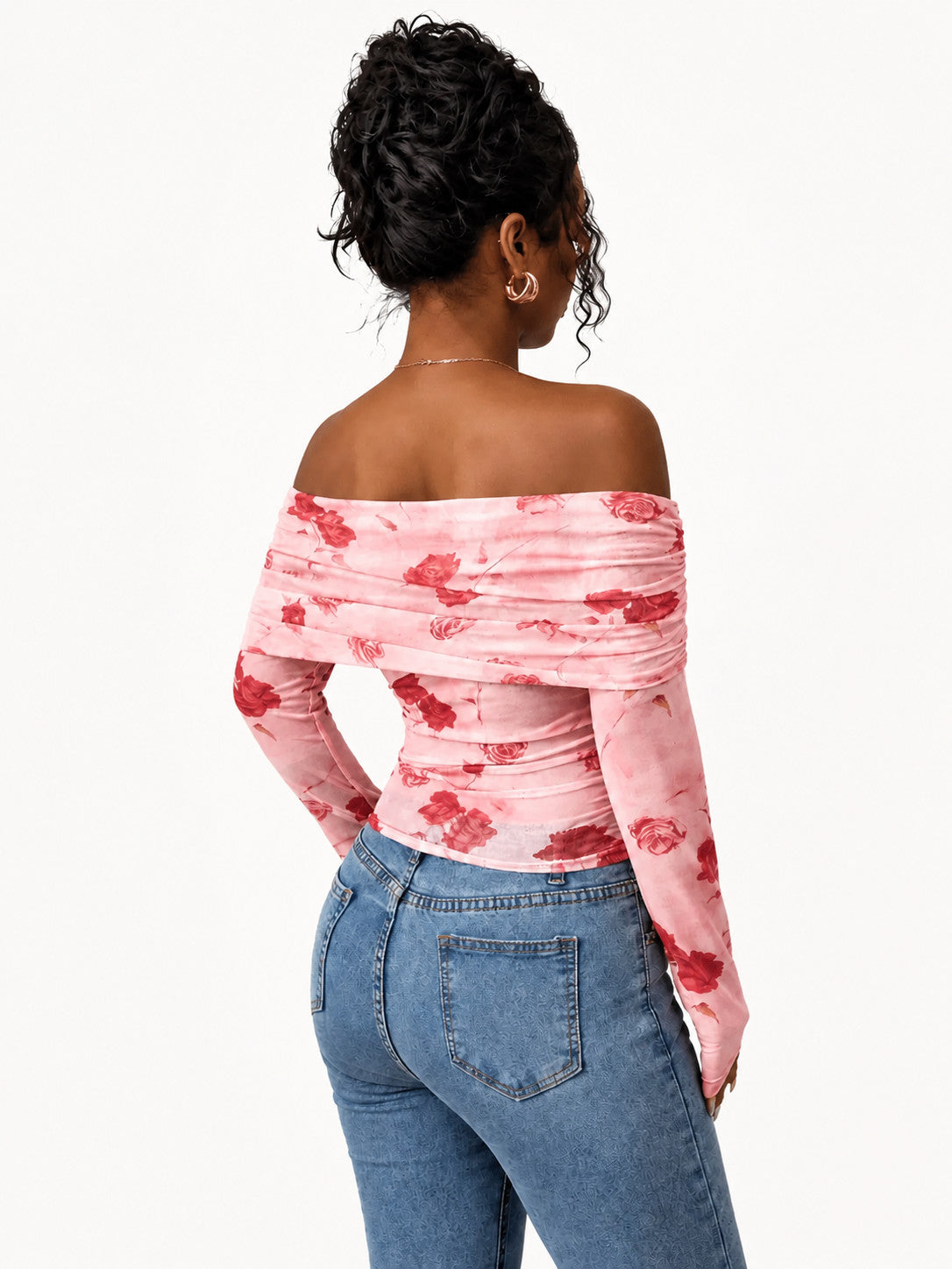 Floral Off Shoulder Ruched Long Sleeve Top