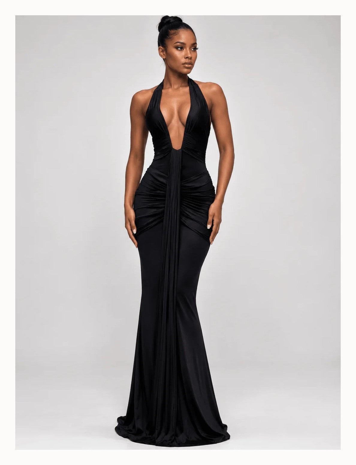 Halter Ruched Bodycon Dress with Draped Front