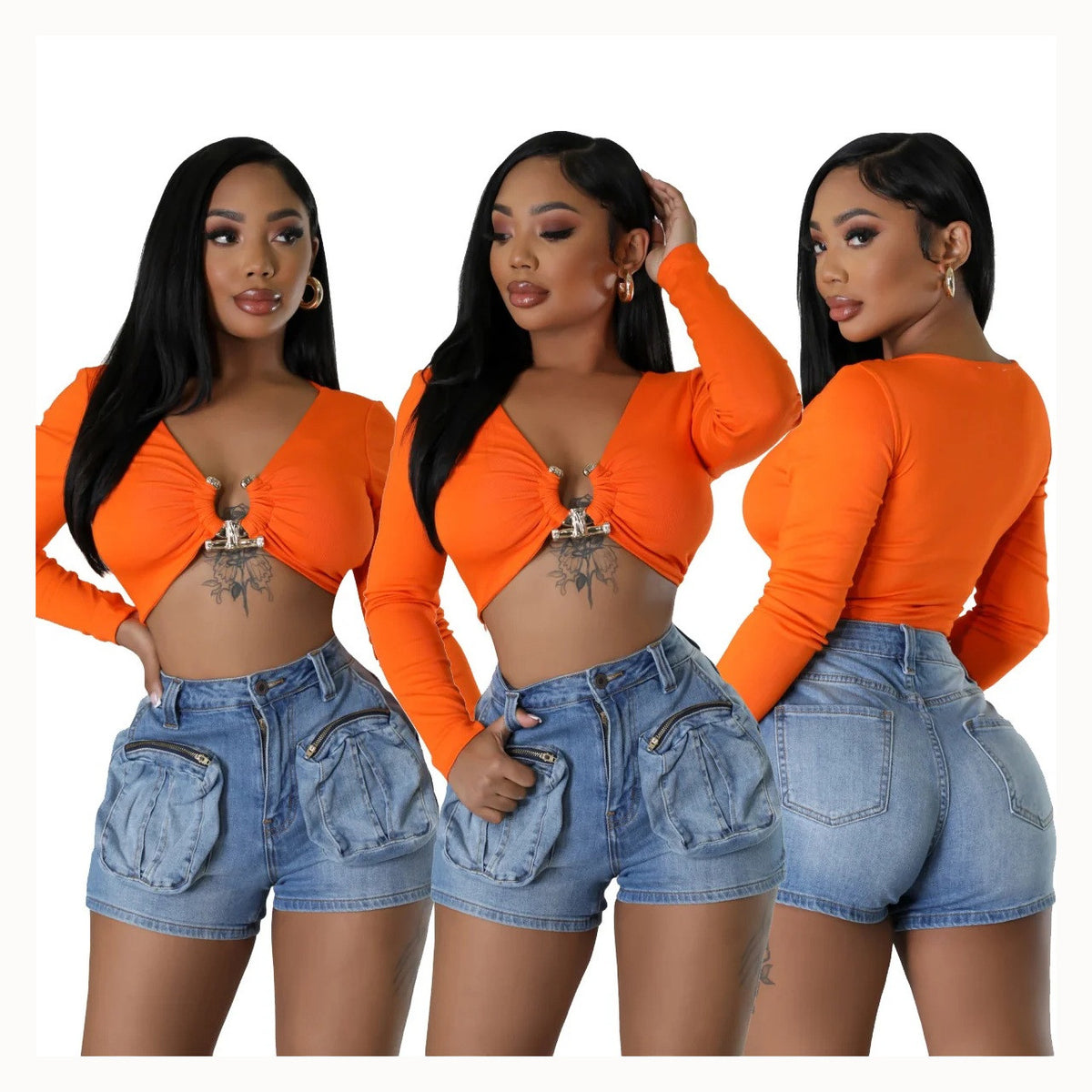 A3342 cross-border new European and American women's fashion cargo pants, 3D pocket stretch sexy slim denim shorts