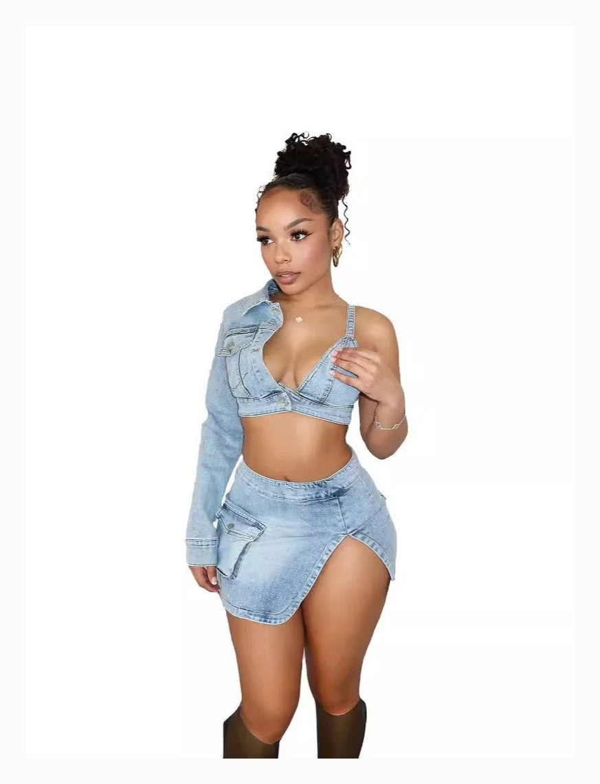 European and American 2024 New Fashion Women's Denim Stretch Suit Sexy Backless Hip Slit Personalized Denim Mini Skirt