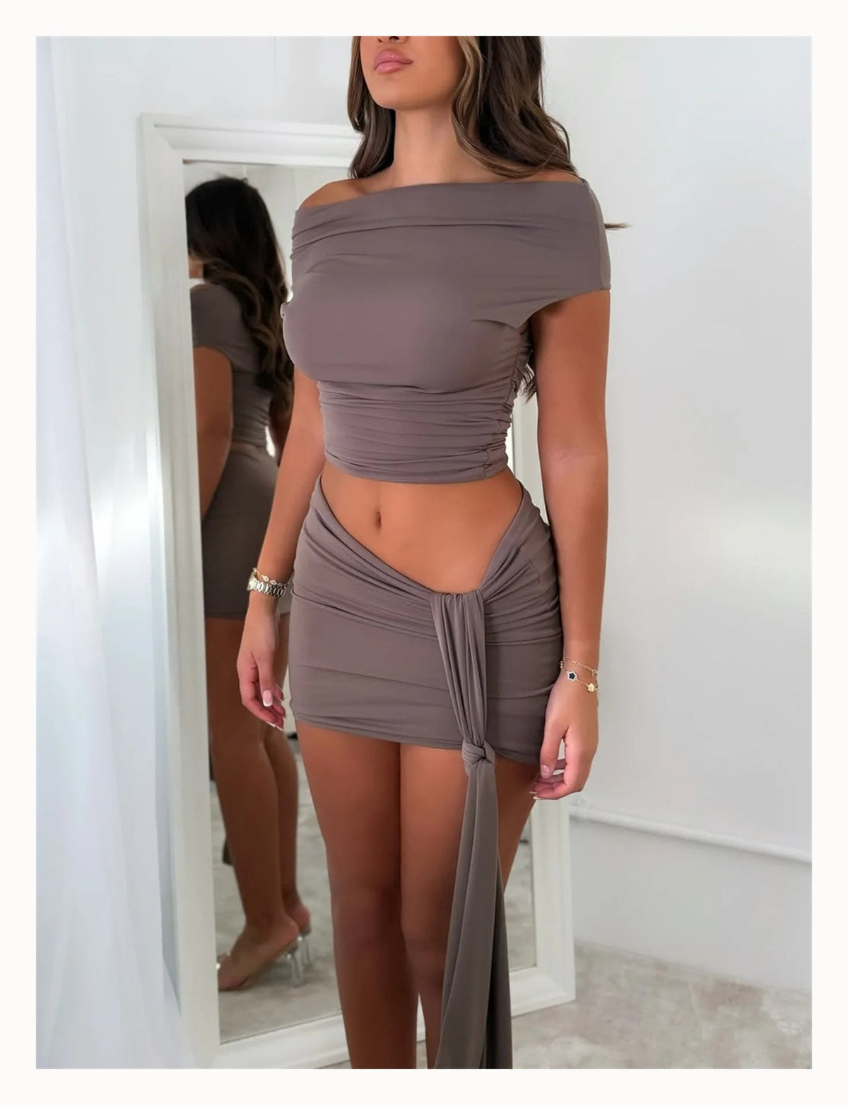 Autumn new cross-border European and American solid color fashion slanted collar short vest top, streamer temperament, hip skirt suit
