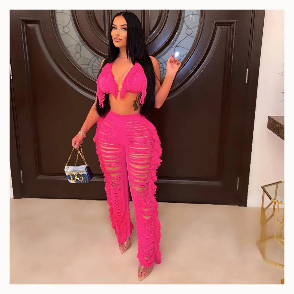 2025 Cross-border women's autumn new European and American women's solid color sexy halter sheer backless tassel knit pants set