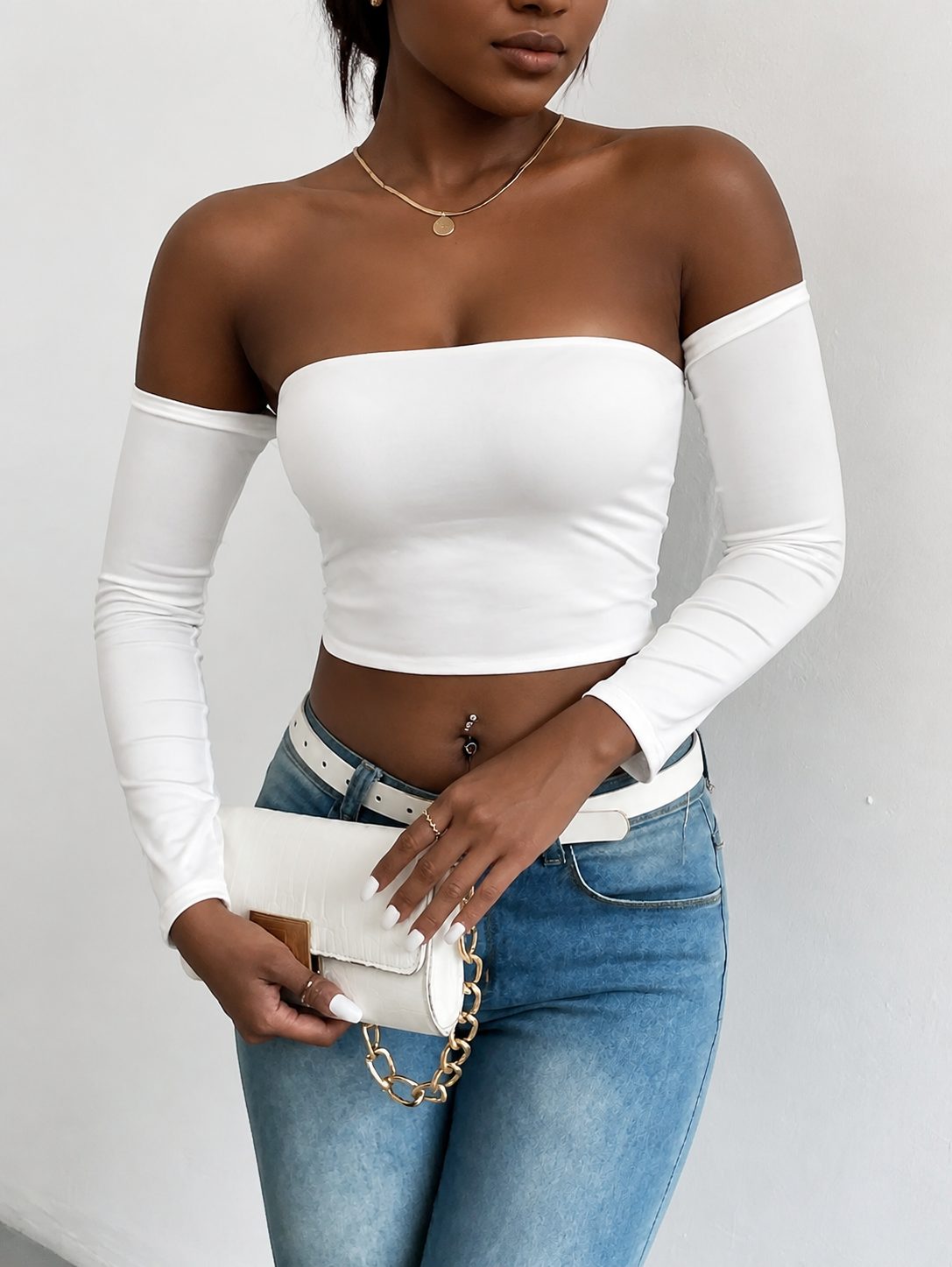 Off Shoulder Long Sleeve Crop Top