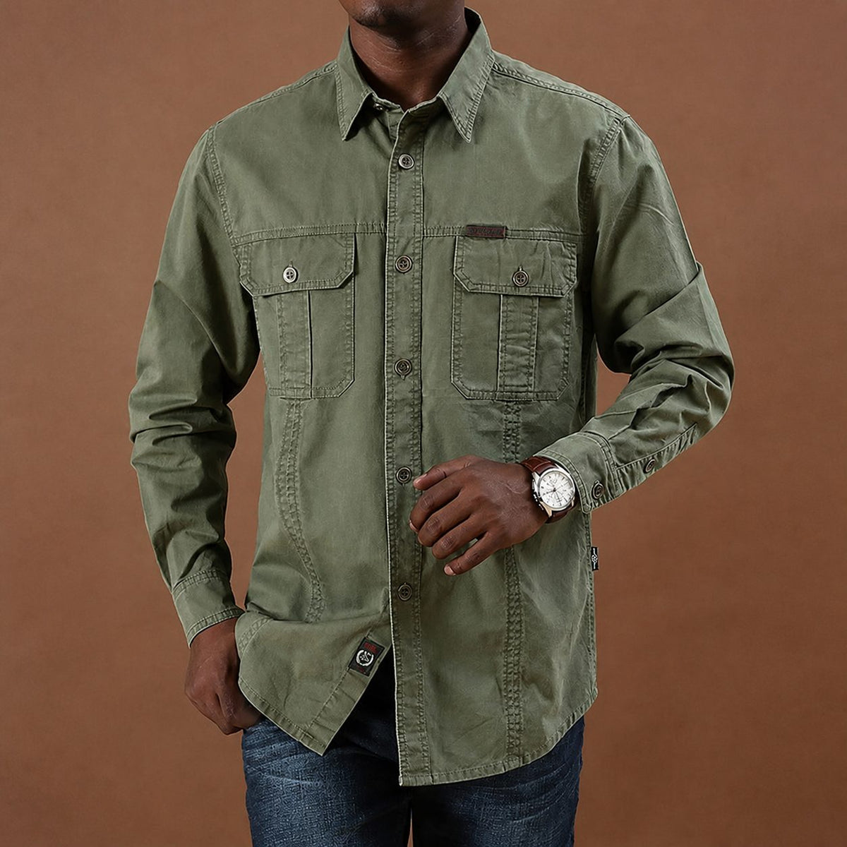 Men's Long Sleeve Utility Shirt with Dual Button-Closure Chest Pockets