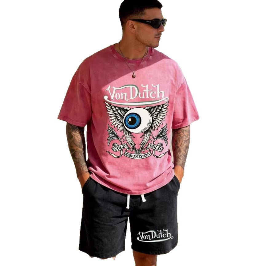 Men's Graphic Crew Neck T-Shirt and Drawstring Shorts Set