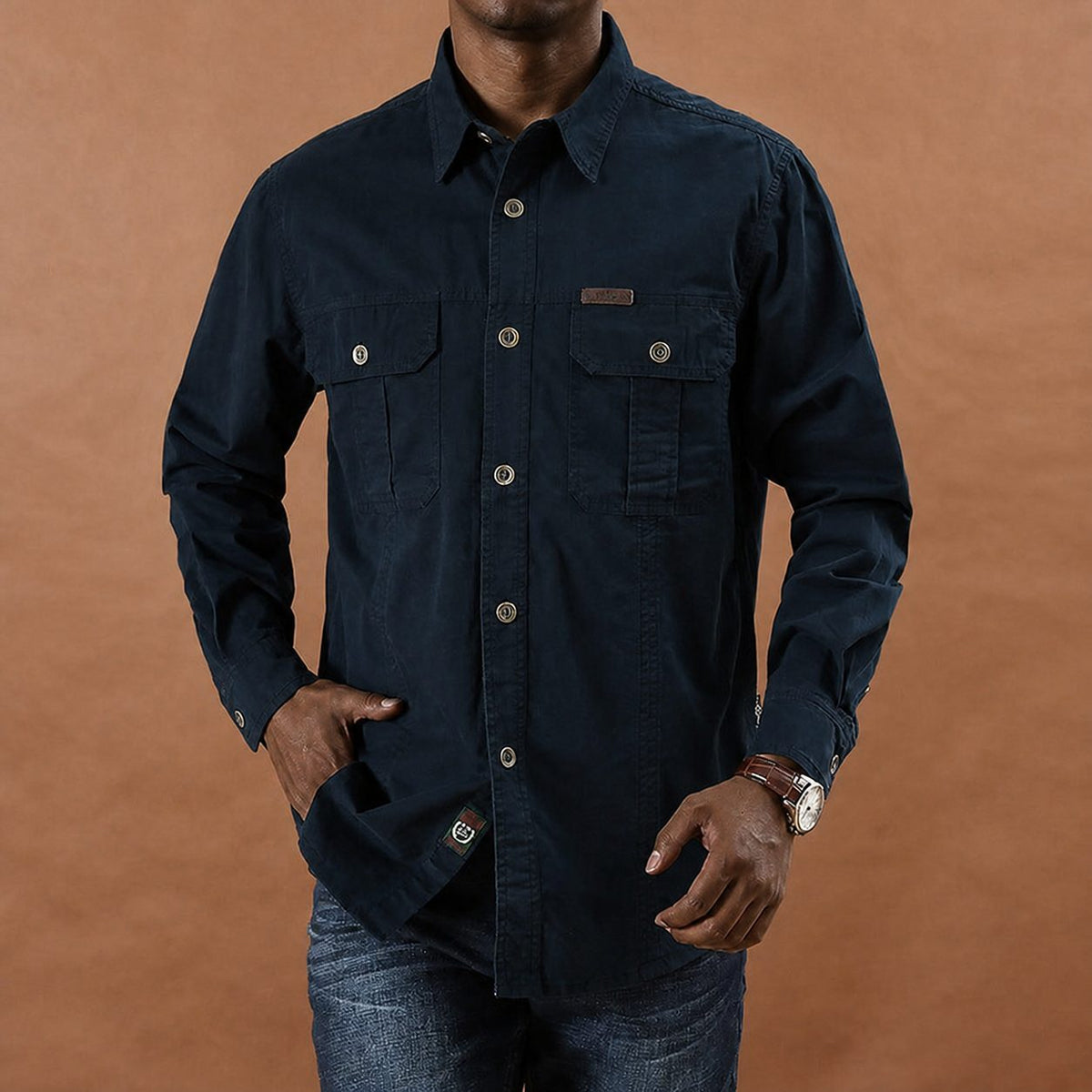 Men's Long Sleeve Utility Shirt with Dual Button-Closure Chest Pockets
