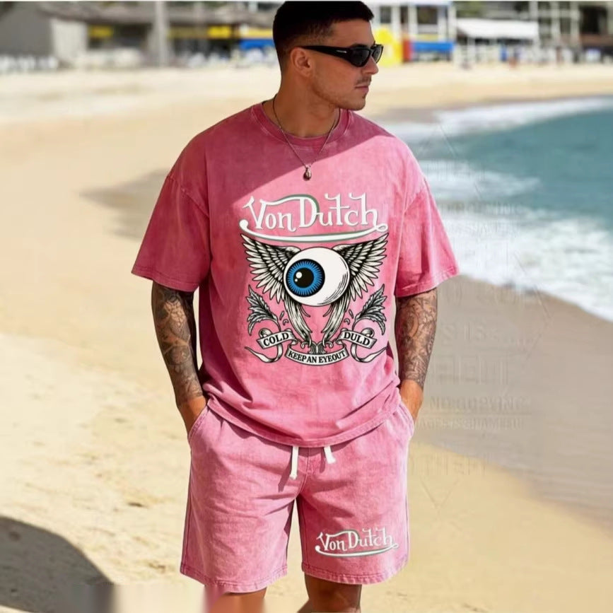 Men's Graphic Crew Neck T-Shirt and Drawstring Shorts Set