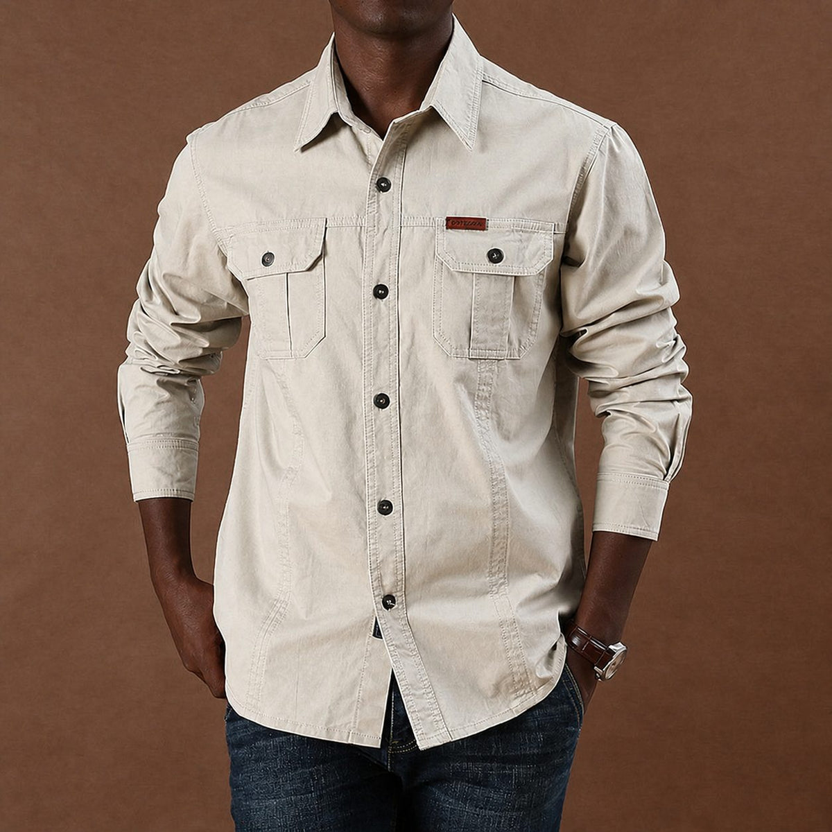 Men's Long Sleeve Utility Shirt with Dual Button-Closure Chest Pockets