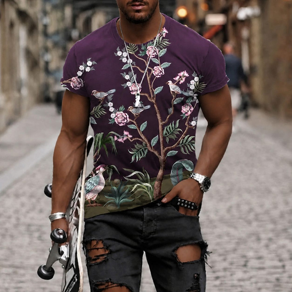 Men's Crew Neck Short Sleeve Botanical Bird Print T-Shirt