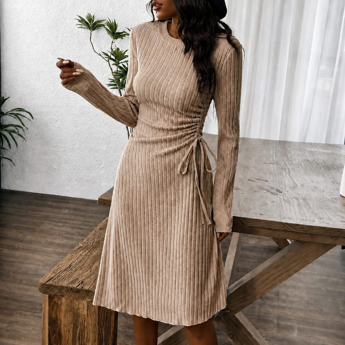 Women's Ribbed Midi Dress with Long Sleeves and Side Tie