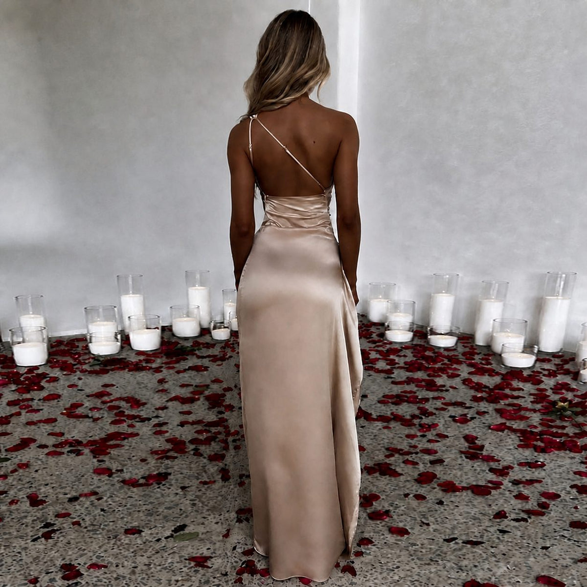 Elegant One-Shoulder Backless Satin Dress with Slit for Women - Summer Slim-Fit Solid Color Design