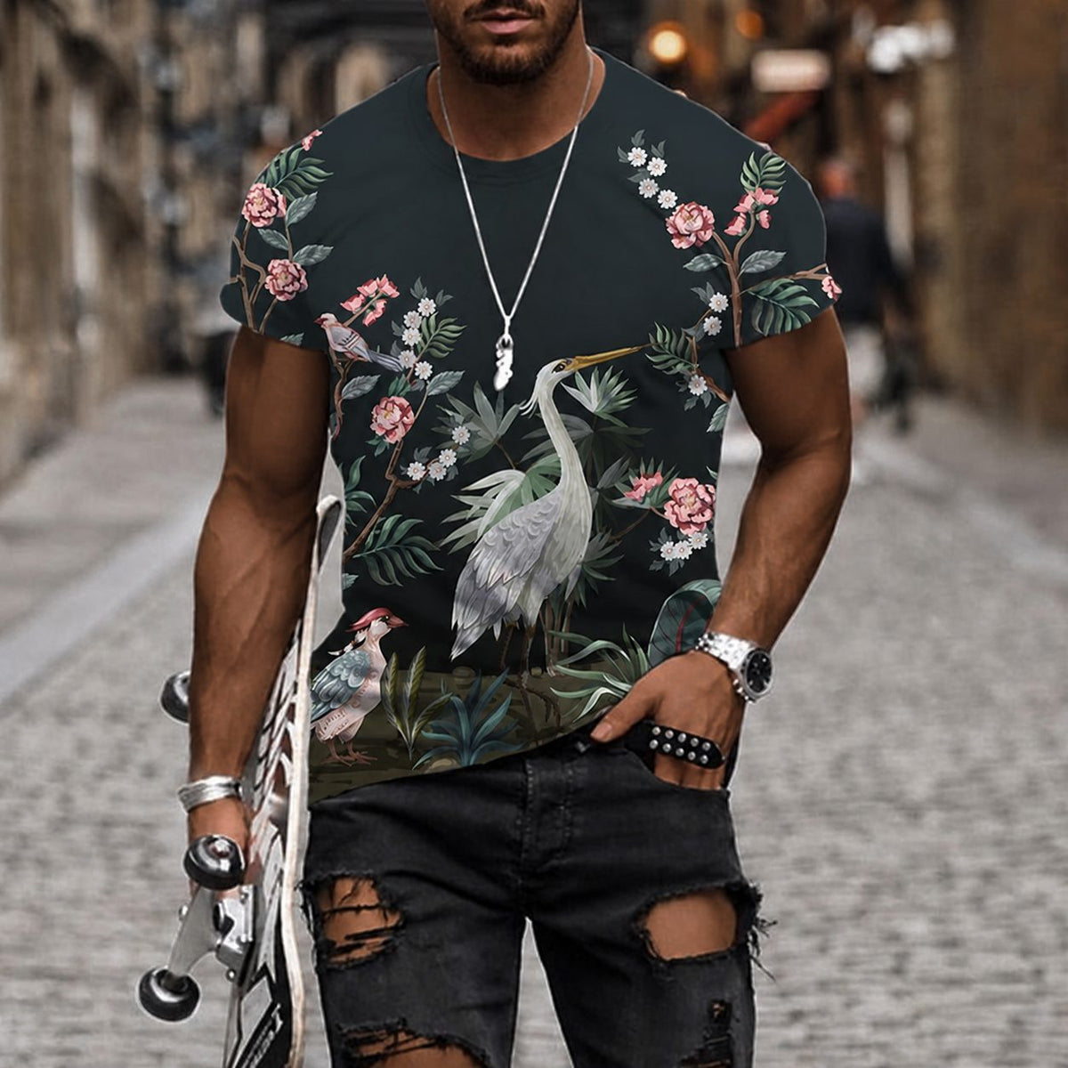 Men's Crew Neck Short Sleeve Botanical Bird Print T-Shirt