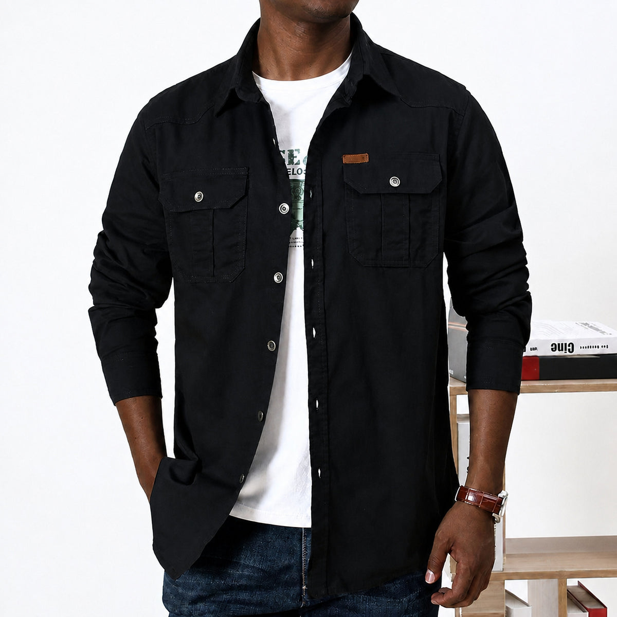 Men's Long Sleeve Utility Shirt with Dual Button-Closure Chest Pockets