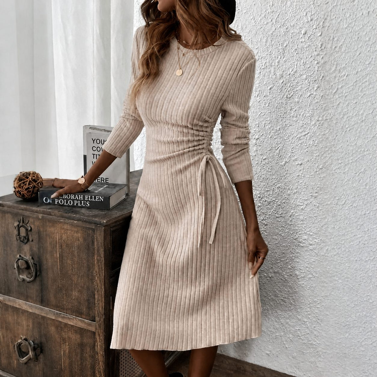 Women's Ribbed Midi Dress with Long Sleeves and Side Tie