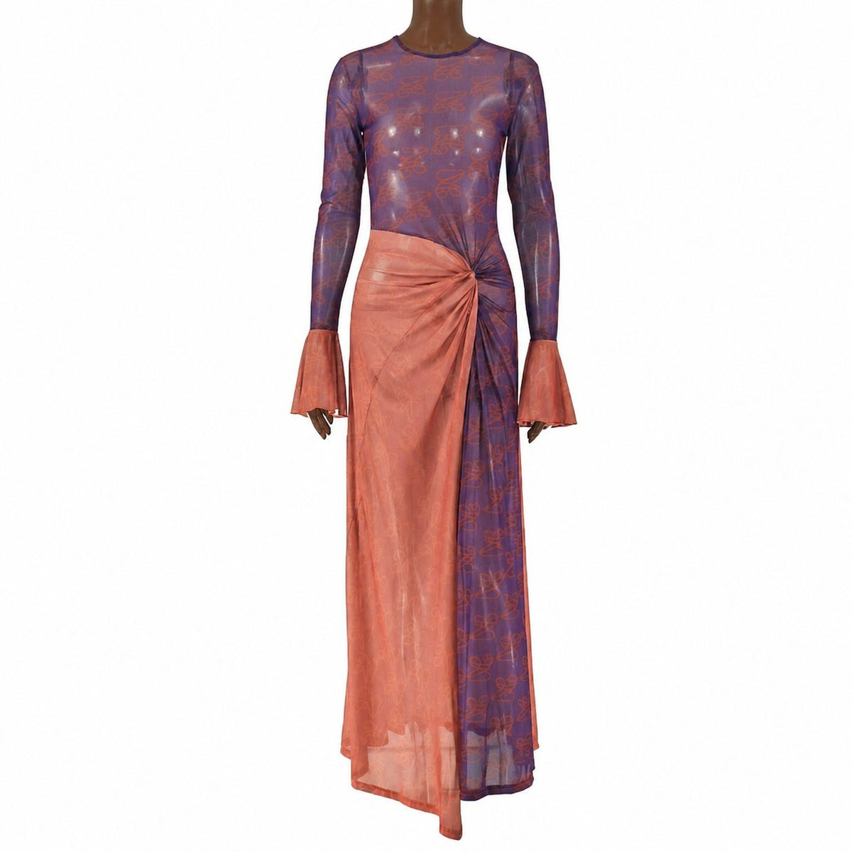 Women's Patterned Round Neck Long Sleeve Wrap Maxi Dress with High Front Slit and Ruffle Cuffs