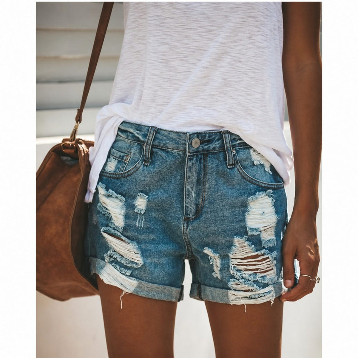 Women's Distressed Denim Shorts with Ripped Details, Rolled Hem, and Five Pockets