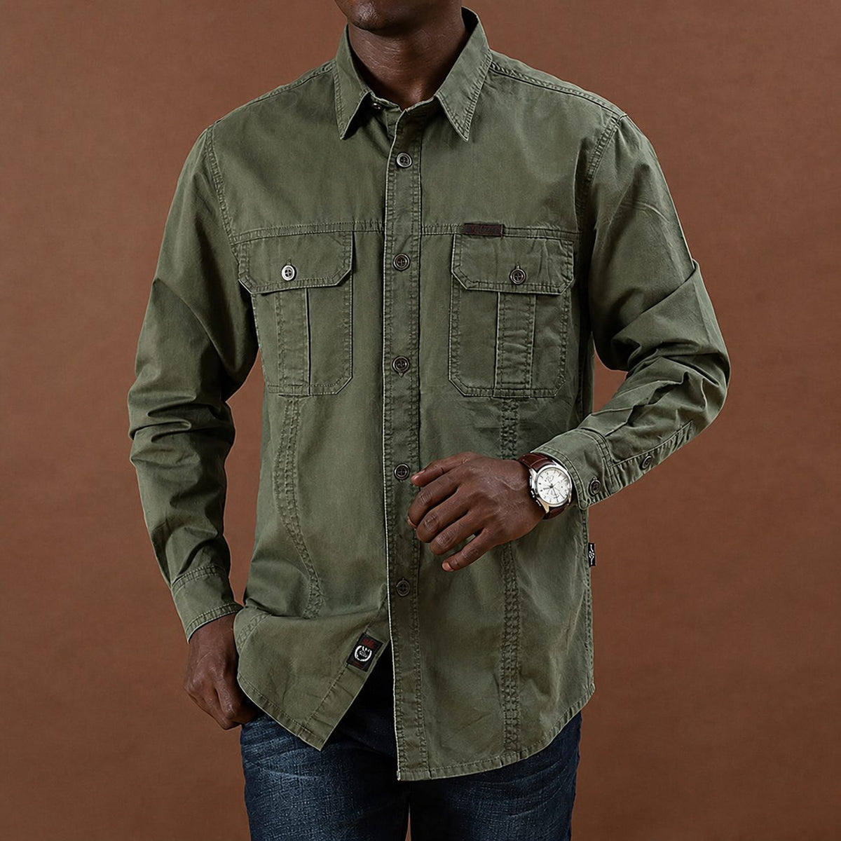 Men's Long Sleeve Utility Shirt with Dual Button-Closure Chest Pockets