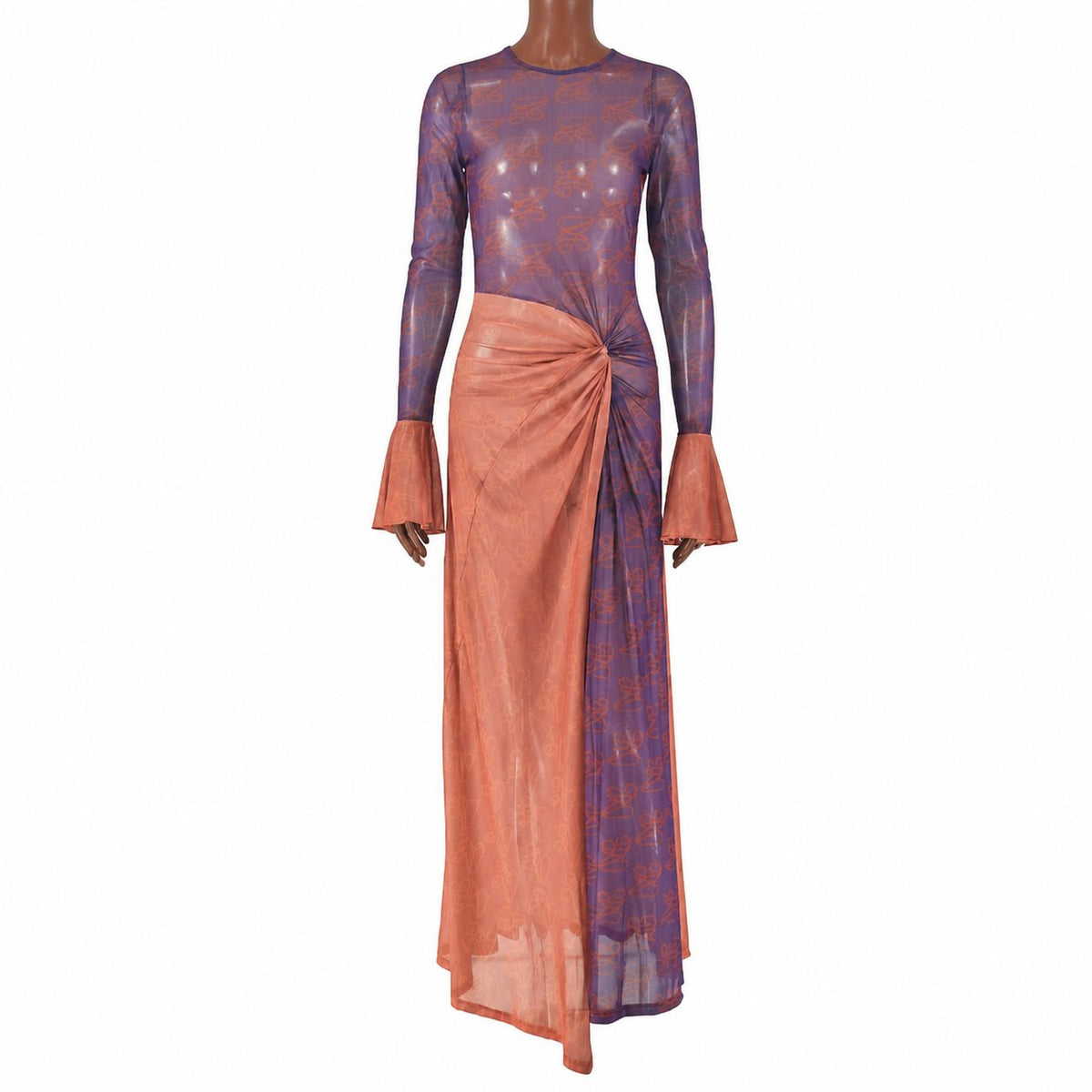 Women's Patterned Round Neck Long Sleeve Wrap Maxi Dress with High Front Slit and Ruffle Cuffs