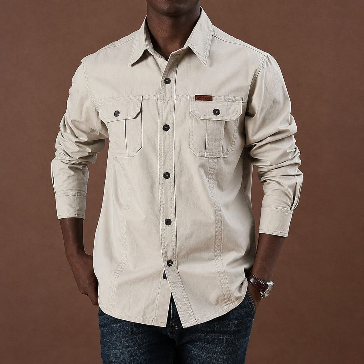 Men's Long Sleeve Utility Shirt with Dual Button-Closure Chest Pockets