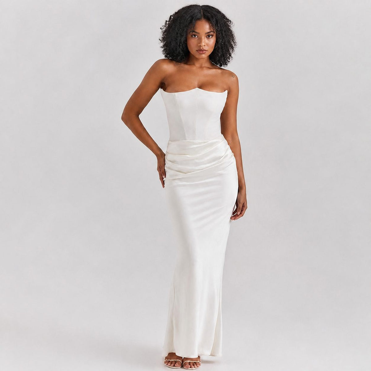 Women's Strapless Backless Ruched Mermaid Maxi Dress