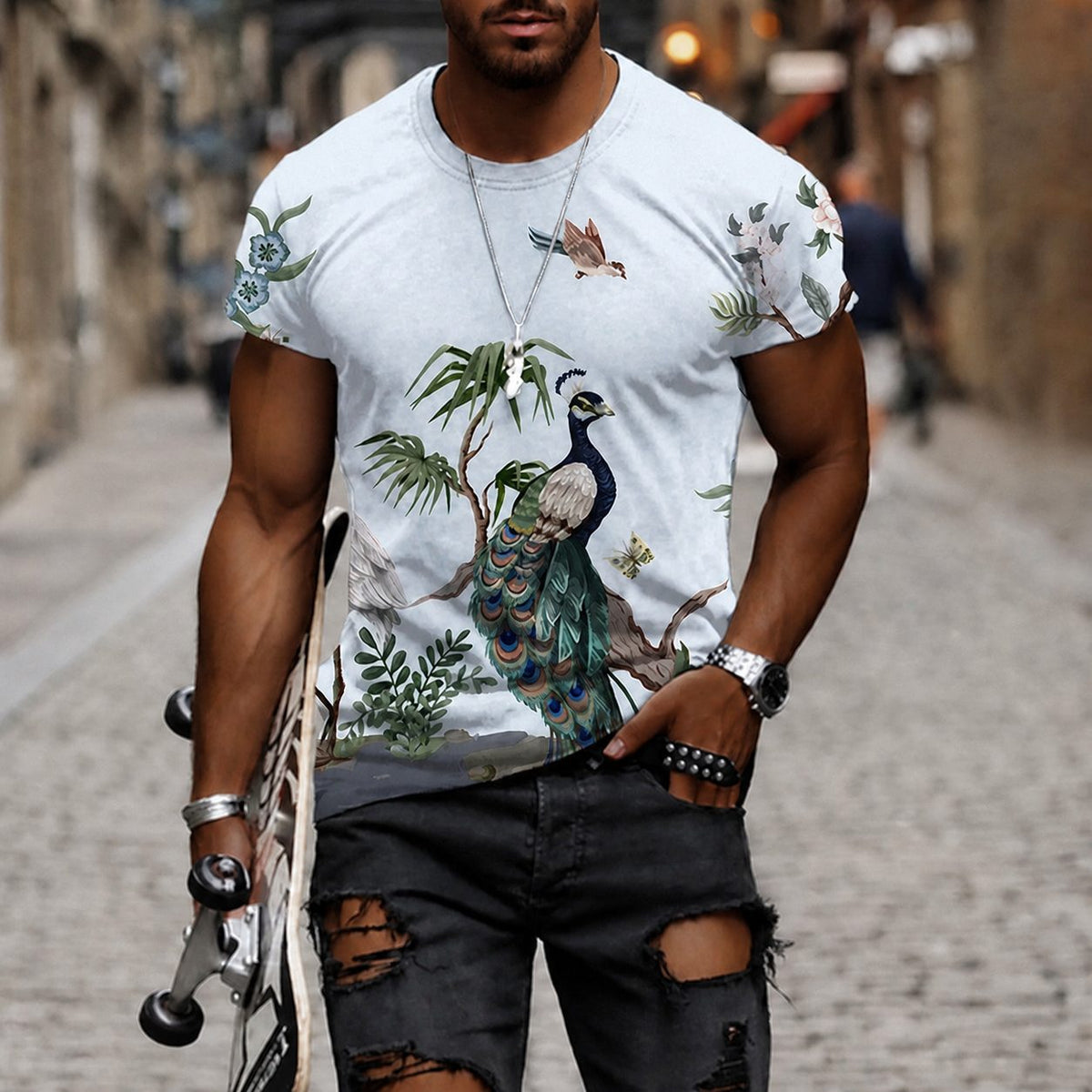 Men's Crew Neck Short Sleeve Botanical Bird Print T-Shirt