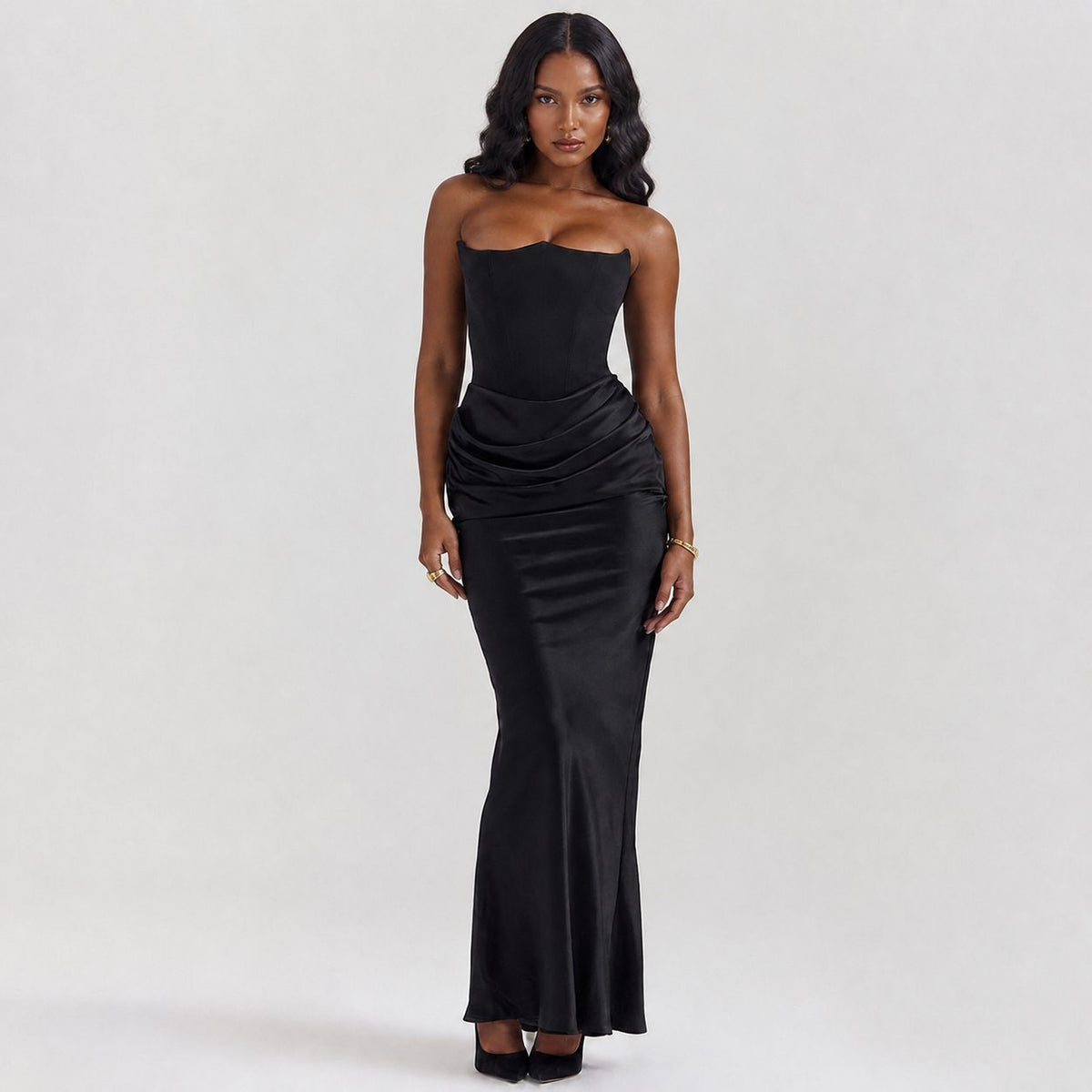 Women's Strapless Backless Ruched Mermaid Maxi Dress