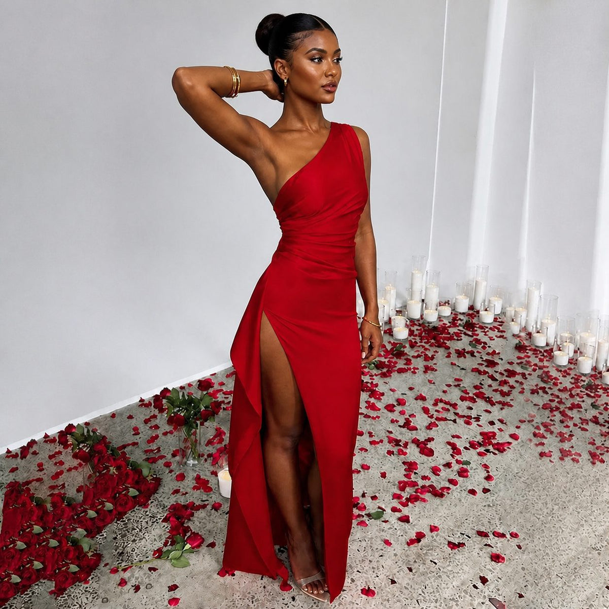 Elegant One-Shoulder Backless Satin Dress with Slit for Women - Summer Slim-Fit Solid Color Design
